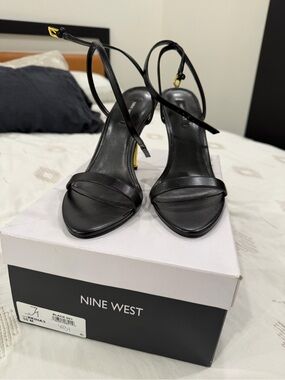 Nine West Black Leather Ankle-Tie Heels with Gold Accent